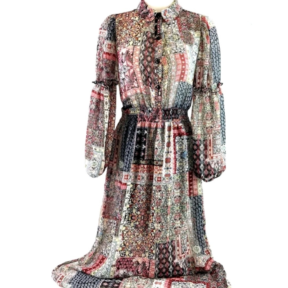 Stella & Julie Boho Patchwork Smock Waist Midi Dress Size 8